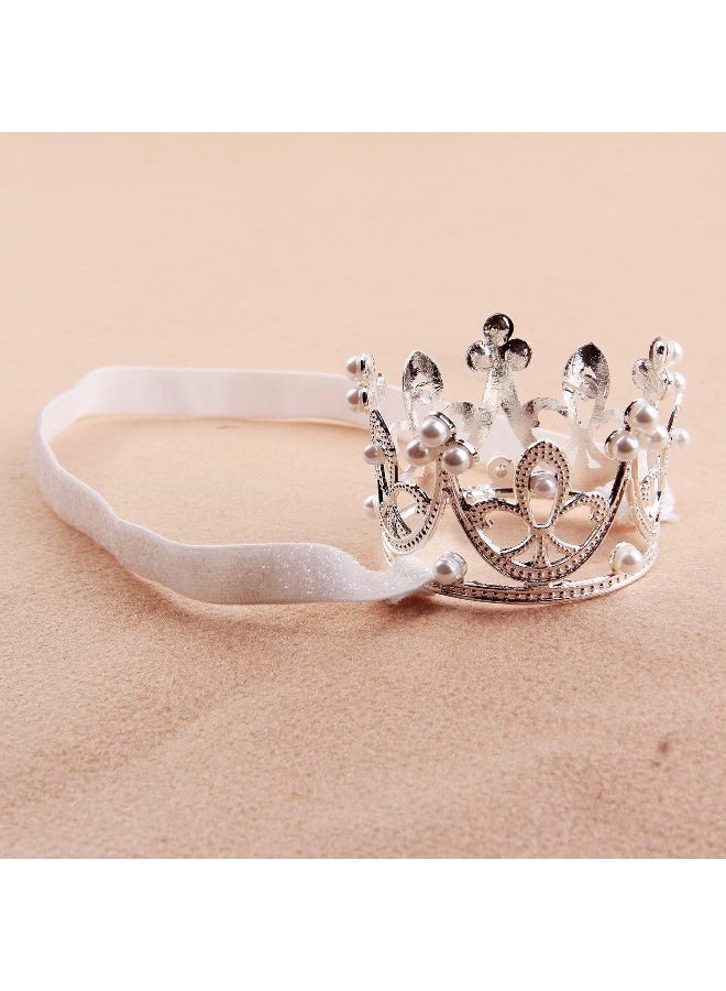 Nishine 2 pieces Baby Girls Crown Headband Princess Tiara Headdress Set Toddler Elastic Head Band (White)