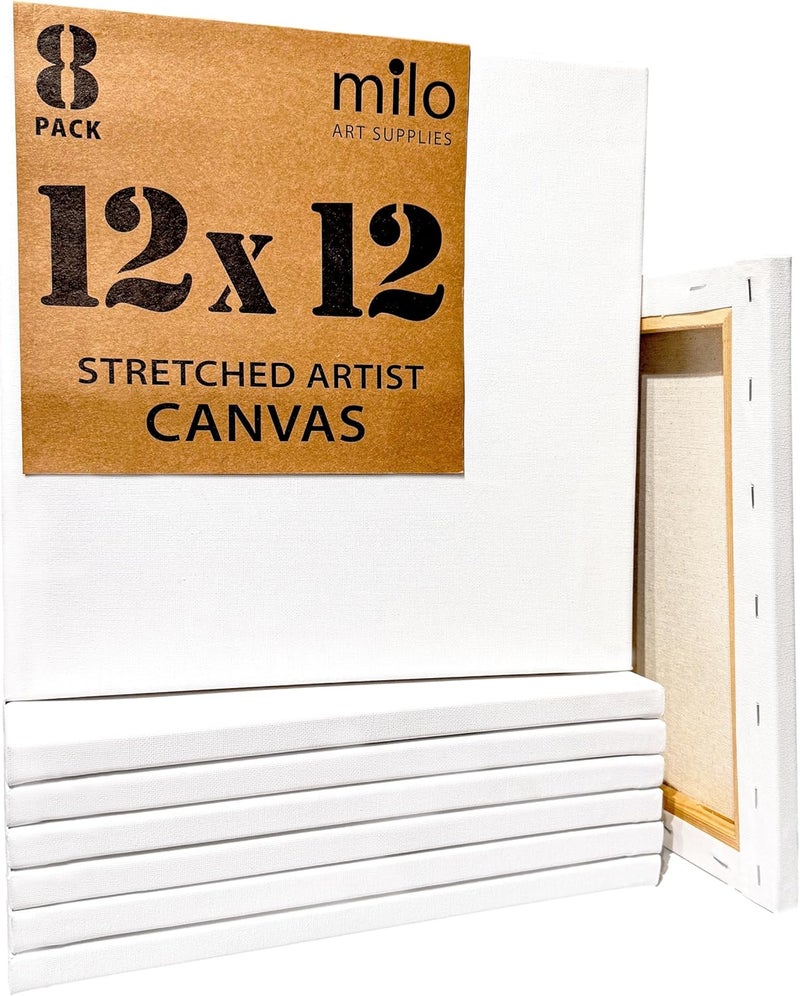 Milo Stretched Artist Canvas | 12x12 inch | Value Pack of 8 Canvases for Painting, Primed & Ready to Paint Art Supplies for Acrylic, Oil, Mixed Wet Media, & Pouring, 100% Cotton with Pine Wood Frame - Image 1