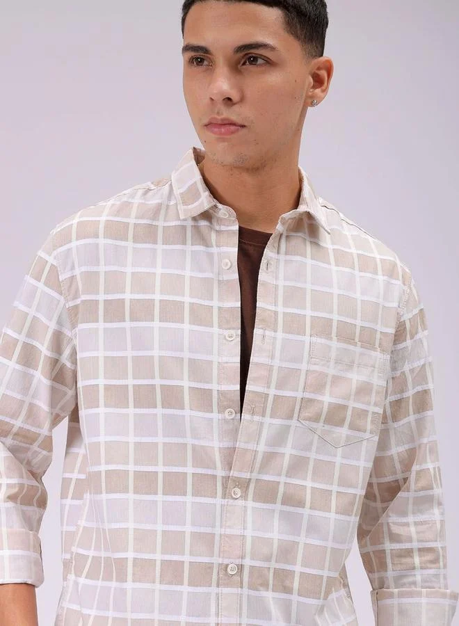 The Indian Garage Co The Indian Garage Co Men Beige Slim Fit Checked Casual Shirt