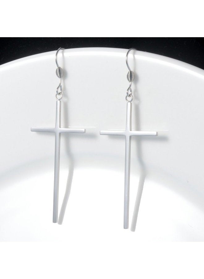 Jeka Cross Long Dangle Earrings for Women Girls Stainless Steel Hypoallergenic Drop Fashion Minimalist Jewelry Silver - Image 3