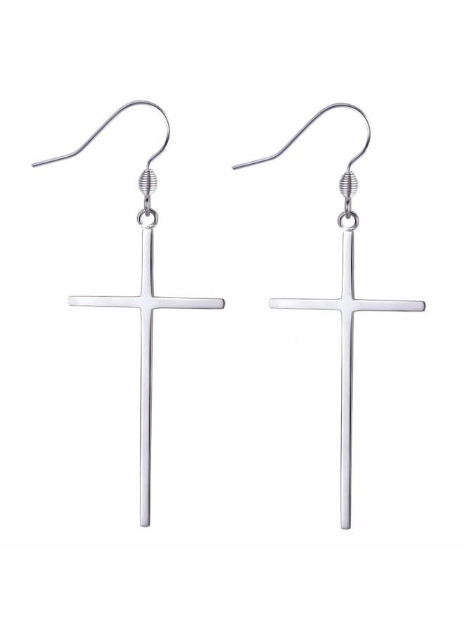 Jeka Cross Long Dangle Earrings for Women Girls Stainless Steel Hypoallergenic Drop Fashion Minimalist Jewelry Silver - Image 1