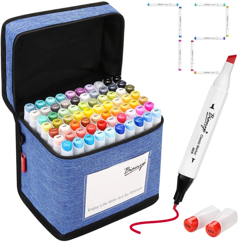 Bianyo 72 Primary Colors Alcohol Marker Set Bullet Chisel Dual Tip Art Marker Set for Artist Adults Coloring Drawing Sketching 71 Classic Colors1 Blender1 Swatch1 Blue Travel Case