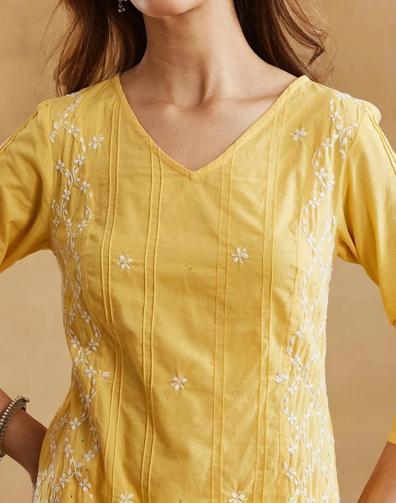 Fabindia  Yellow Cotton Chikankari Long Kurta for Women | Best Price UAE