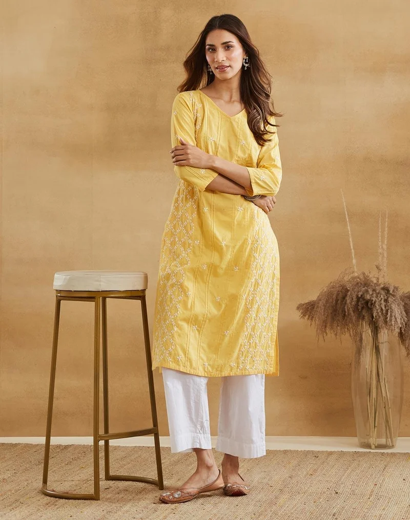 Fabindia Yellow Cotton Chikankari Long Kurta