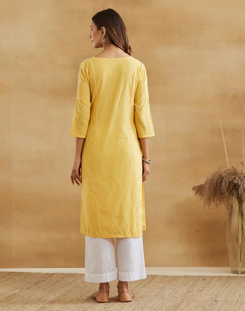 Fabindia  Yellow Cotton Chikankari Long Kurta for Women | Best Price UAE