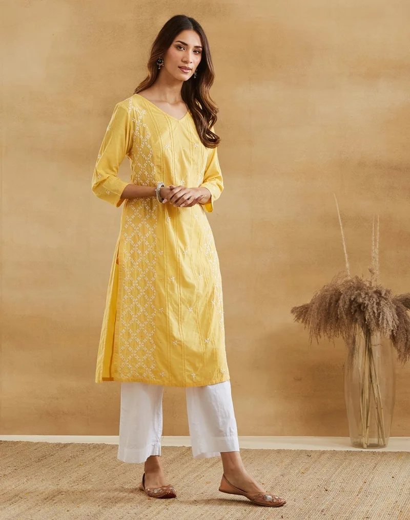 Fabindia  Yellow Cotton Chikankari Long Kurta for Women | Best Price UAE