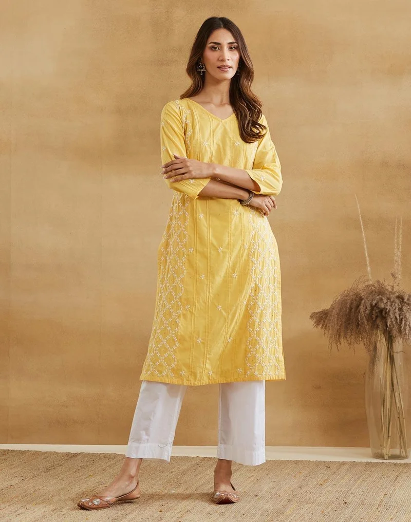 Fabindia Yellow Cotton Chikankari Long Kurta