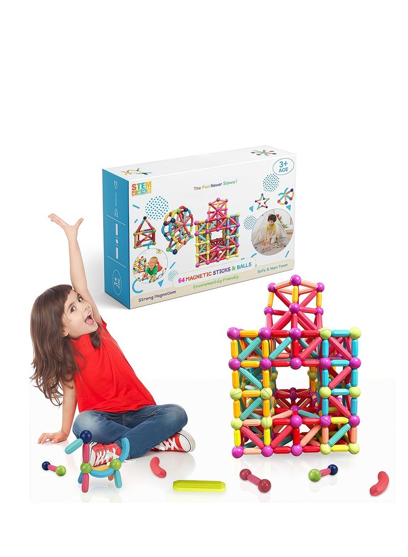 Magnetic Building Blocks, Magnetic Sticks and Balls Game Set, Construction Set with 64 Pieces, Early Education STEM Learning Montessori Preschool Toys, Magnet Construction Set for Kids 3+ Years - Image 1