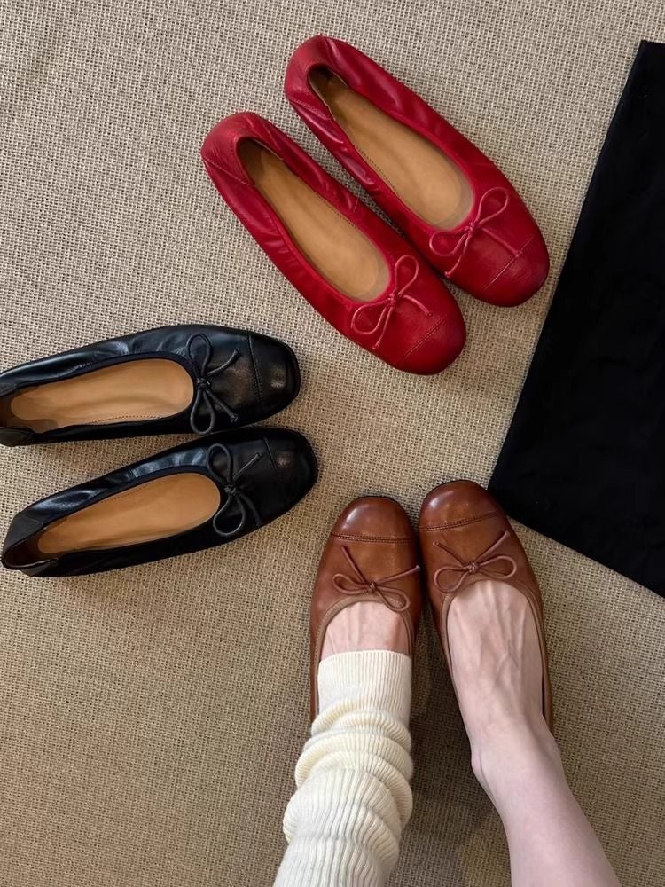Women's Classic Leather Ballet Flats - Soft Sole Slip-On Shoes with Bow Detail Comfortable Flat Loafers for Work & Everyday Wear - Image 2