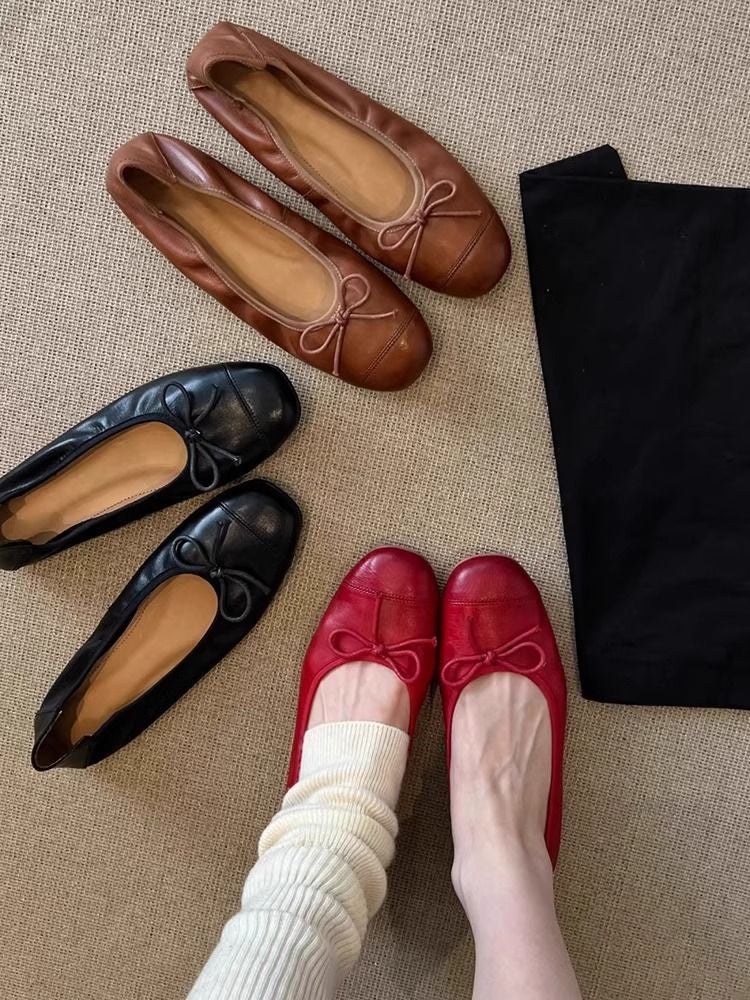 Women's Classic Leather Ballet Flats - Soft Sole Slip-On Shoes with Bow Detail Comfortable Flat Loafers for Work & Everyday Wear - Image 3