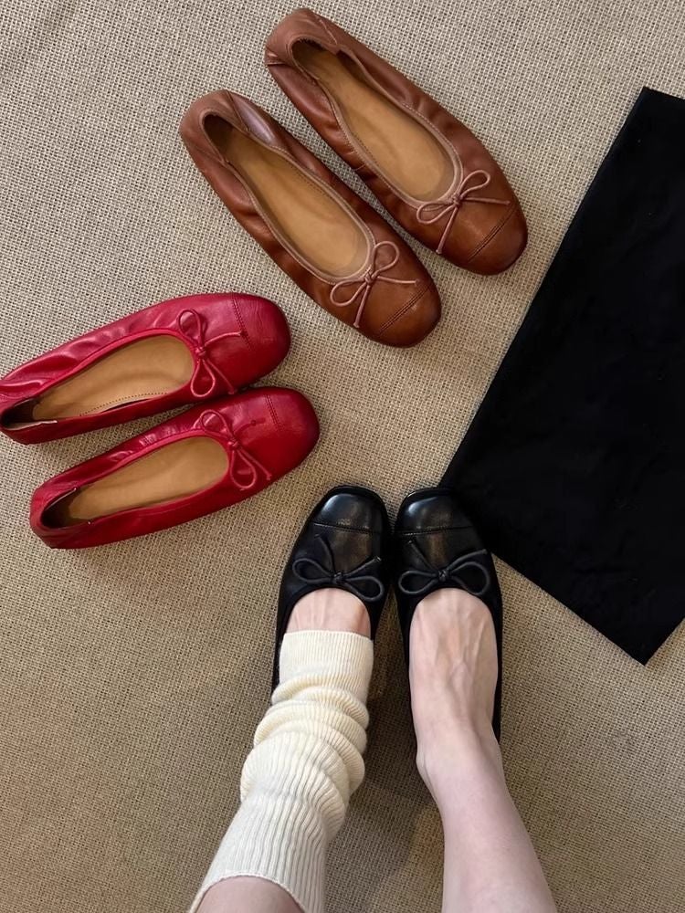 Women's Classic Leather Ballet Flats - Soft Sole Slip-On Shoes with Bow Detail Comfortable Flat Loafers for Work & Everyday Wear - Image 1