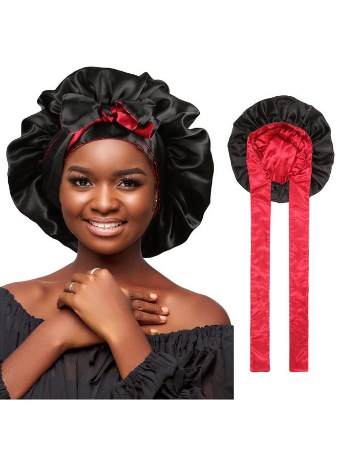 AWAYTR Satin Bonnet Silk Hair Bonnets for Women Curly Hair Wrap for Sleeping Cap Reversible Bonnet with Tie Band Night Cap Double Layer Sleep Cap for Curly Hair (Black + Red) - Image 1