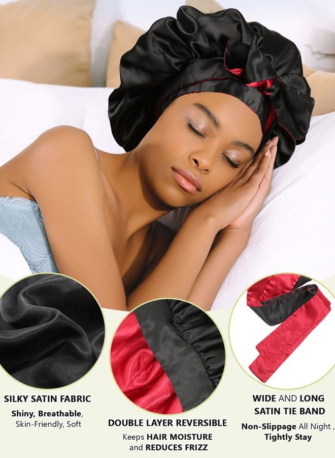 AWAYTR Satin Bonnet Silk Hair Bonnets for Women Curly Hair Wrap for Sleeping Cap Reversible Bonnet with Tie Band Night Cap Double Layer Sleep Cap for Curly Hair (Black + Red) - Image 4