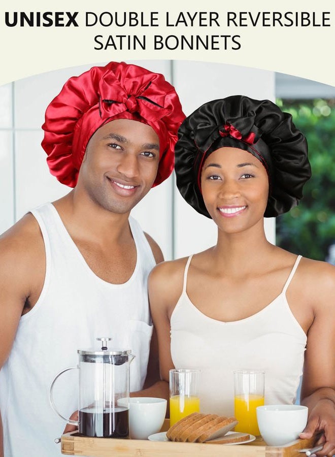 AWAYTR Satin Bonnet Silk Hair Bonnets for Women Curly Hair Wrap for Sleeping Cap Reversible Bonnet with Tie Band Night Cap Double Layer Sleep Cap for Curly Hair (Black + Red) - Image 2