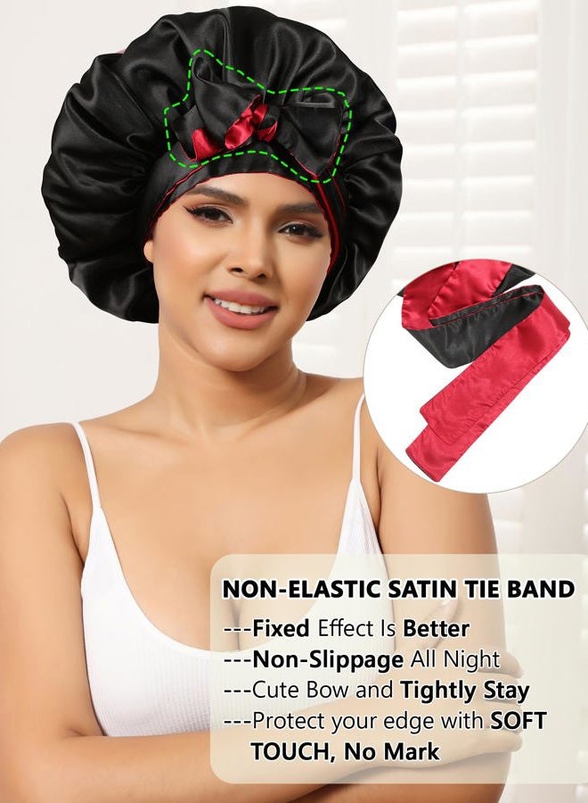 AWAYTR Satin Bonnet Silk Hair Bonnets for Women Curly Hair Wrap for Sleeping Cap Reversible Bonnet with Tie Band Night Cap Double Layer Sleep Cap for Curly Hair (Black + Red) - Image 5