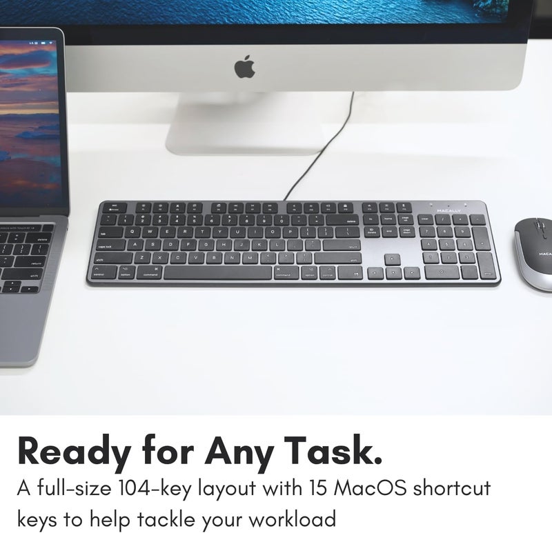 MACALLY لوحة مفاتيح سلكية رفيعة USB لجهاز ماك - لوحة مفاتيح أبل كاملة الحجم متوافقة مع تخطيط 104 مفتاح و 16 مفتاح اختصار - مفاتيح مقصية لطباعة لمسية لجهاز ماك ميني، ماك بوك برو/إير، آي ماك - Image 4