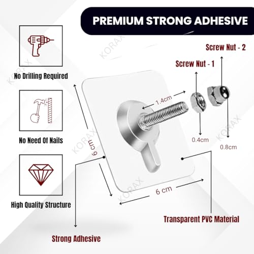 KORAX 10 Pcs Long Dual Screw Nuts Strong Self Adhesive Wall Hooks for Hanging Heavy Items – Wall Screws Without Drill - Nail Free Screw Hooks for Home, Kitchen and Bathroom Accessories - Image 2