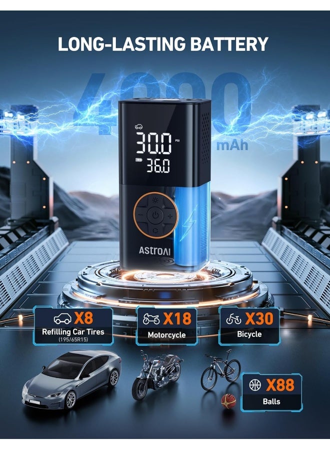 أسترواي ضاغط هواء AstroAI L7 لج Tires قابل للحمل مضخة دراجات cordless مع شاشة رقمية مزدوجة القيم، مضخة إطارات سيارات بضغط 150 PSI مع أضواء LED، مناسبة للسيارات والدراجات النارية والدراجات والكرات - Image 3