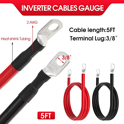 TUELETFU كابل بطارية 2 AWG كابلات عاكس بطارية 2AWG مع لقم 3/8 بوصة مجموعة أسلاك عاكس الطاقة من النحاس النقي للسفن البحرية والقوارب والسيارات والدراجات النارية 2 قطعة (5 أقدام) - Image 2