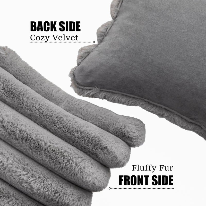 Neelvin Grey Faux Fur Cozy Soft Striped Decorative Throw Pillow Covers 20x20 inch Set of 2 Velvet Pillowcase Cushion Case for Sofa Couch - Image 2