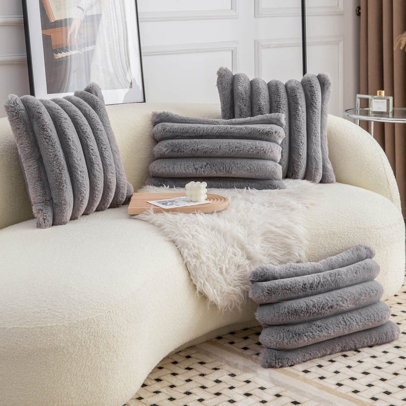 Neelvin Grey Faux Fur Cozy Soft Striped Decorative Throw Pillow Covers 20x20 inch Set of 2 Velvet Pillowcase Cushion Case for Sofa Couch - Image 4