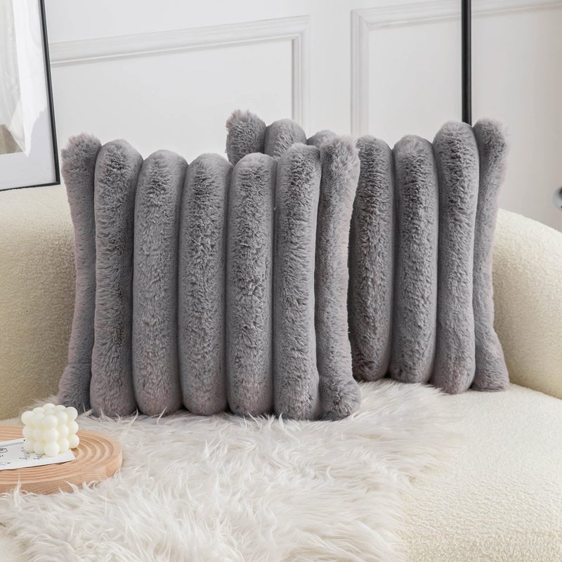 Neelvin Grey Faux Fur Cozy Soft Striped Decorative Throw Pillow Covers 20x20 inch Set of 2 Velvet Pillowcase Cushion Case for Sofa Couch - Image 1