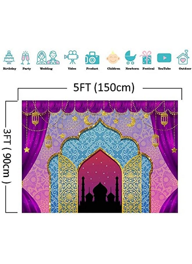 Fanghui - India Bollywood Luxurious Arabian Moroccan Nights Photography Backdrop Magic Genie Lamp Princess Birthday Party Decorations Vinyl Gold Photo Background Baby Shower 5X3Ft Photo Booth Prop Cake Table - Image 1