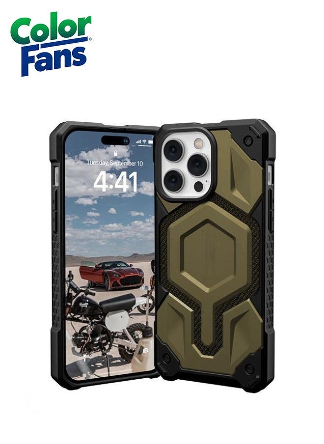 Color Fans - Apple iPhone 14 Pro Max Case, Monarch Pro Kevlar Built-in Magnet Compatible with Magnet Charging Premium Rugged Dropproof Protective Cover - Elemental Green - Image 1