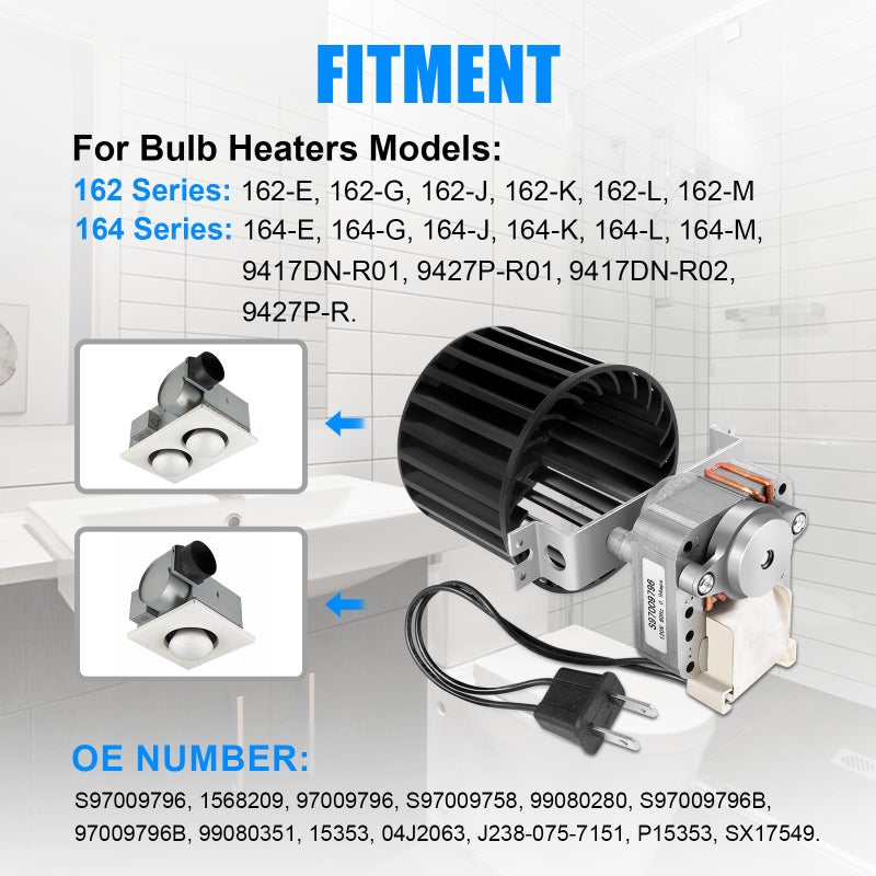 YEHERIT Upgraded S97009796 Bathroom Fan Motor Blower Assembly Compatible with Broan Nutone Bulb Ceiling Heaters 162-E, G, J, K, L, M & 164-E, G, J, K, L, M, Replace# 97009796 S97009758 S97009796B, 70 CFM - Image 2
