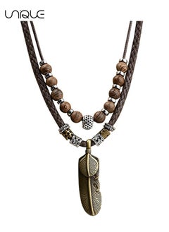 Men Leather Necklace Vintage Tribal Style Boho Hipppie Double Layered Braided Beaded Pendant Necklace