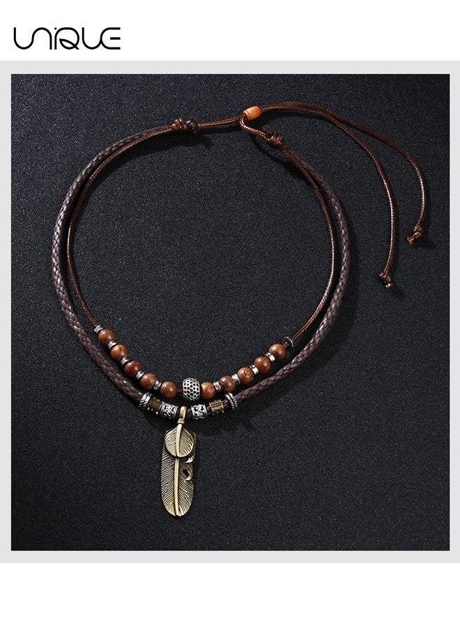 Unique - Men Leather Necklace Vintage Tribal Style Boho Hipppie Double Layered Braided Beaded Pendant Necklace - Image 1