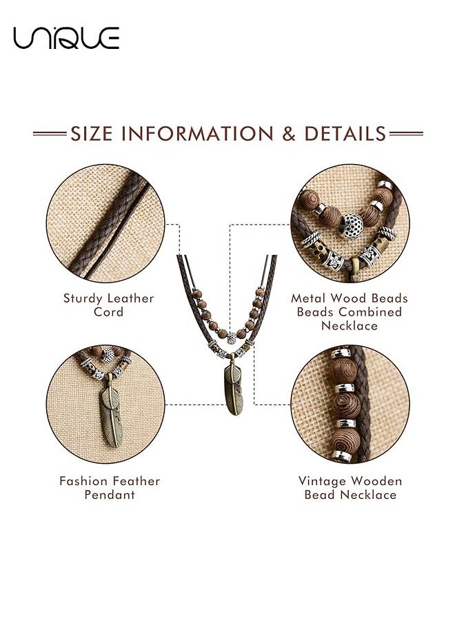 Unique - Men Leather Necklace Vintage Tribal Style Boho Hipppie Double Layered Braided Beaded Pendant Necklace - Image 1
