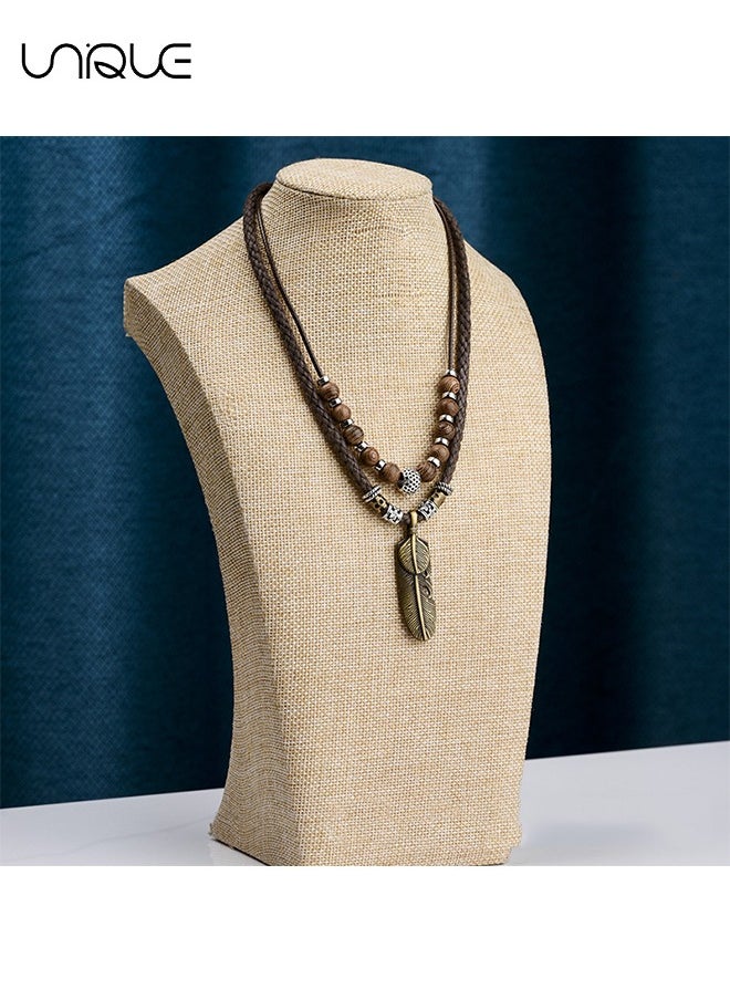 Unique - Men Leather Necklace Vintage Tribal Style Boho Hipppie Double Layered Braided Beaded Pendant Necklace - Image 1