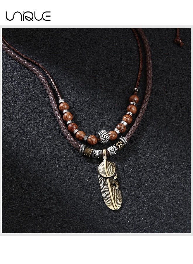 Unique - Men Leather Necklace Vintage Tribal Style Boho Hipppie Double Layered Braided Beaded Pendant Necklace - Image 1