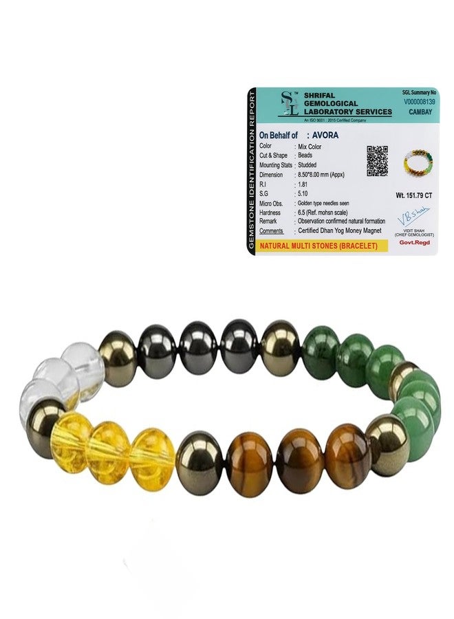 AVORA Certified Dhan Yog Money Magnet Bracelet for Men & Women | Natural Pyrite, Citrine, Green Aventurine, Tiger Eye & Clear Quartz Crystal 8mm Beads | Wealth, Luck & Prosperity - Image 1