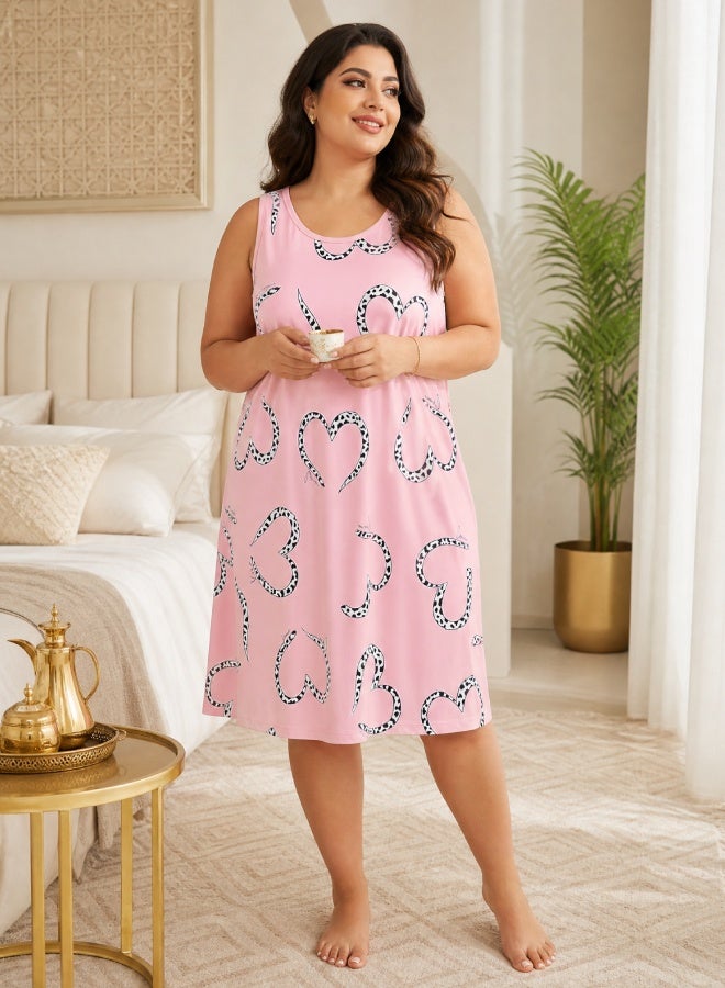 No branded Plus Size Women Sleeveless Nightgown, Leopard Heart Print Loose Sleep Dress, Soft Breathable Summer Loungewear for Curvy Ladies - Image 1