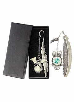 Bookmark, Vintage Feather Metal Bookmark, 2 Pack Handmade Metal Feather Pendant Gifts Book Markers, Glow in The Dark Bookmark, for Book Lovers, Luminous Feather Bookmark(Dragon and Owl Antique Silver)