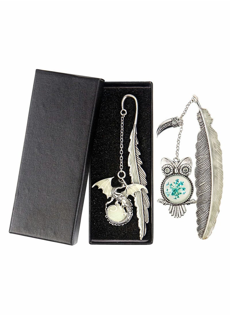 SYOSI - Bookmark, Vintage Feather Metal Bookmark, 2 Pack Handmade Metal Feather Pendant Gifts Book Markers, Glow in The Dark Bookmark, for Book Lovers, Luminous Feather Bookmark(Dragon and Owl Antique Silver) - Image 1