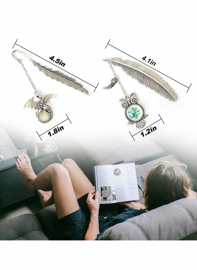 SYOSI - Bookmark, Vintage Feather Metal Bookmark, 2 Pack Handmade Metal Feather Pendant Gifts Book Markers, Glow in The Dark Bookmark, for Book Lovers, Luminous Feather Bookmark(Dragon and Owl Antique Silver) - Image 1