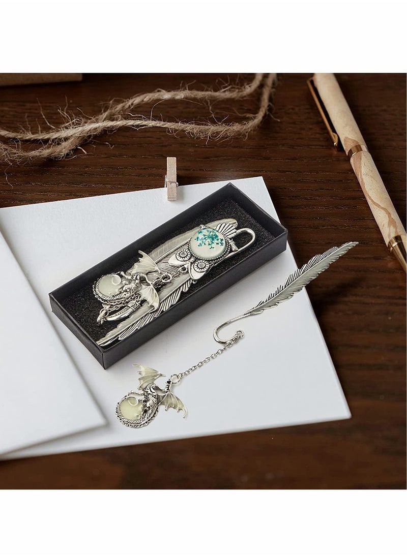 SYOSI - Bookmark, Vintage Feather Metal Bookmark, 2 Pack Handmade Metal Feather Pendant Gifts Book Markers, Glow in The Dark Bookmark, for Book Lovers, Luminous Feather Bookmark(Dragon and Owl Antique Silver) - Image 1