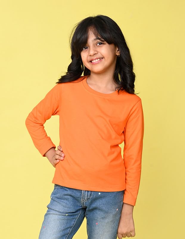 Nusyl Girls Full Sleeves Solid T-Shirt for Kids | Soft Cotton Blend | Comfortable Regular Fit | Casual 2-16 Years | Orange - Image 4
