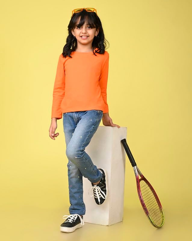 Nusyl Girls Full Sleeves Solid T-Shirt for Kids | Soft Cotton Blend | Comfortable Regular Fit | Casual 2-16 Years | Orange - Image 5