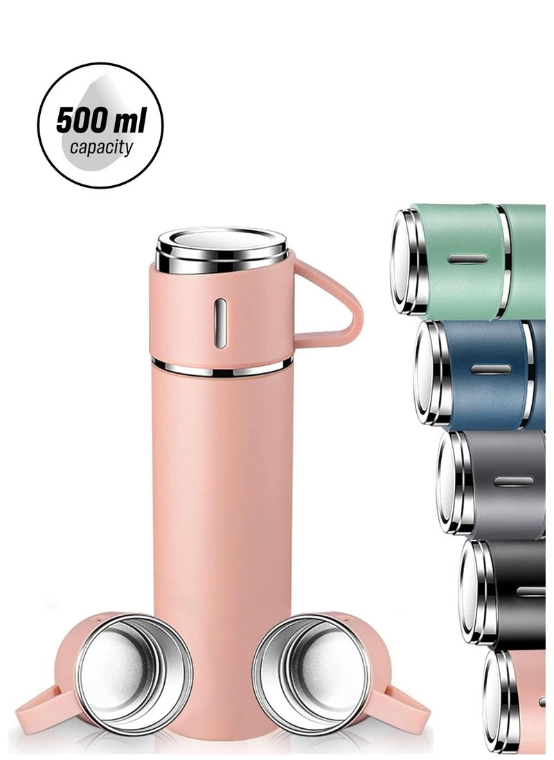 JAJEEK 500ml Stainless Steel Vacuum Thermos Flask with Silicone Handle – Insulated Water Bottle with 2 Stainless Steel Cups Set for Hot & Cold Outdoor Travel | Gift Box (2 PACK, PINK) – Ideal for Hiking, Camping, Travel, and Outdoor Adventures  - Image 1
