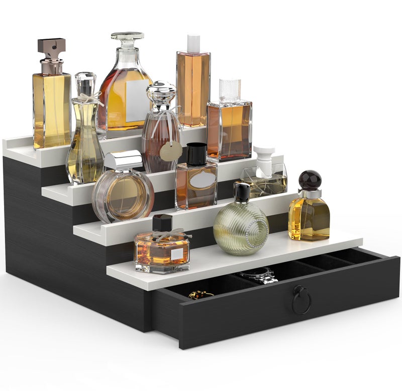 upcessory Cologne Organizer for Men, 4 Tier Black Wood Perfume Organizer with Felt Lining Drawer and Hidden Compartment, Perfume Display Holder, A Gift for Men - Image 1
