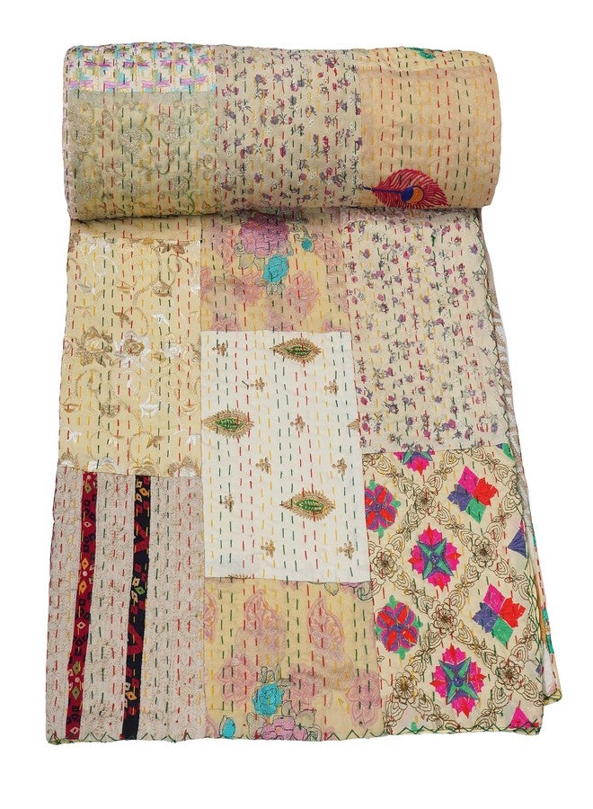 ماروبومي لحاف Kantha مصنوع يدويًا من Marubhumi عتيق خامباديا مصنوع يدويًا من Jari مرقع ومطرز (بيج، كينج (108 بوصة × 108 بوصة)) - Image 2