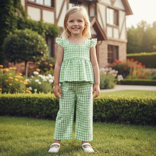 GOOCHEER Toddler Girl Clothes Baby Summer Outfits Plaid Ruffle Sleeveless Vest Tank Tops Pants Set 12 18 24 Month 2T 3T 4T (#Flying-Green, 3-4T) - Image 2