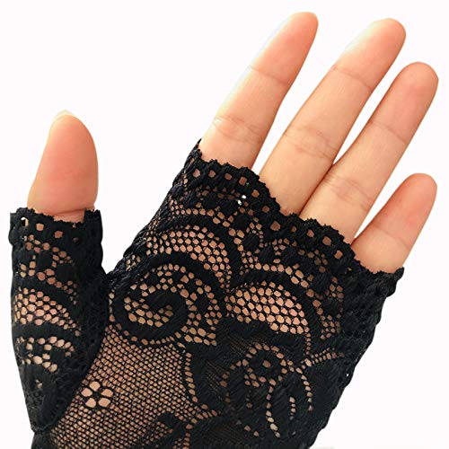 monochef Women Short Lace Gloves Sunblock Fingerless Bridal Wrist Floral Opera Evening Party Wedding Tea Prom Cosplay 1920s for Ladies and Girls, Black (Black) - Image 3