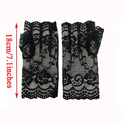 monochef Women Short Lace Gloves Sunblock Fingerless Bridal Wrist Floral Opera Evening Party Wedding Tea Prom Cosplay 1920s for Ladies and Girls, Black (Black) - Image 2