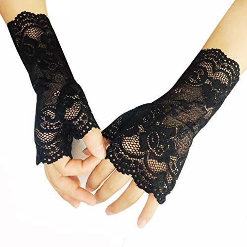 monochef Women Short Lace Gloves Sunblock Fingerless Bridal Wrist Floral Opera Evening Party Wedding Tea Prom Cosplay 1920s for Ladies and Girls, Black (Black) - Image 5