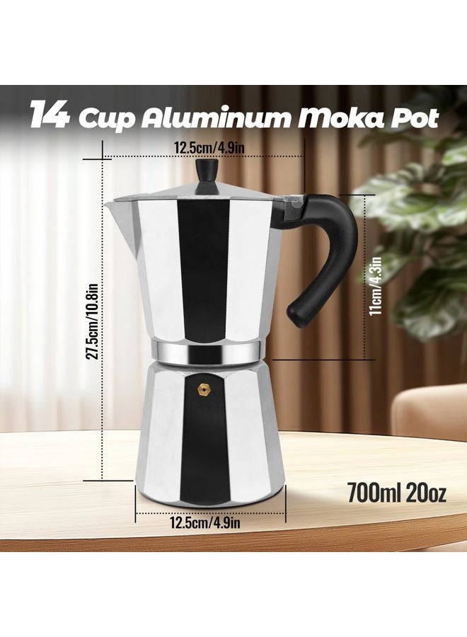 Vaolvpant 14 Cup Aluminum Moka Pot Classic Stovetop Espresso Coffee Maker 700ml 23oz Coffeemaker Percolator Mocha Pot Greca Coffee Maker Cafe Makers for Italian and Cuban Café Brewing Silver - Image 2